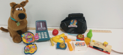 (1) Year 2000 14" Plush Scooby Doo (1) Disney Mickey Mouse Miniature Playset With Mini mickey (1) Vintage Fisher Price First Aid Kit With Accessories