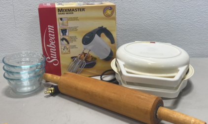 (1) Sunbeam Mixmaster Hand Mixer NEW IN BOX , (1) ToastMaster Waffle Maker, (3) Small Glass Dipping Sauce Bowls, (1) Wooden Rolling Pin