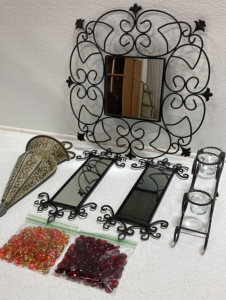 (3) Decorative Metal Mirros, Metal Wall Vase, Metal Candle Holder, Colored Glass Stones