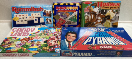 Family Board Games: Candyland, $25000 Pyramid, Rummikub, Rush Hour, Horses Floor Puzzle