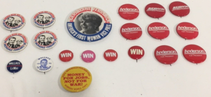 (20) Vintage Political Campaign Pins Including Geraldine Ferraro First Woman To run For Vice President