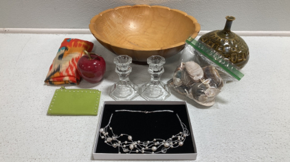 Wood Bowl, Decorative Vase, (2) Candle Holders, Stone Apple, Bag of Shells, Necklace, Coach Coin Purse, Scarf