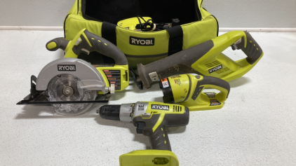 Ryobi Tool Set: Reciprocating Saw, Circular Saw, Drill, Worklight, Bag, (4) Batteries, Battery Charger