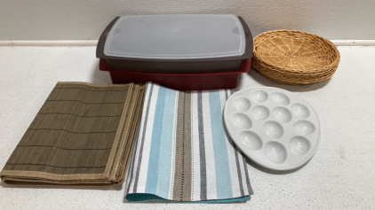 Marinating Pans, Wicker Plate Holders, Ceramic Egg Tray, Placemats