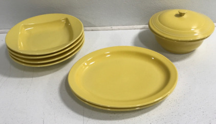 (2) Yellow Platters, (4) Yellow Pasta Bowls, (1) Caserole Dish With Lid