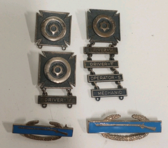 (3) WW2 US Army Driver Mechanic Badges (2) vintage US Military Marksman Badges