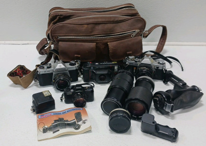 Canon, Asahi Pentax, Minolta Camers With Extra Lenses and Flashes