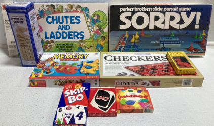 Family Board Games: Chutes and Ladders, Sorry!, Jumbling Tower, Memory Game, Checkers, Skip-Bo, Uno, Commandments