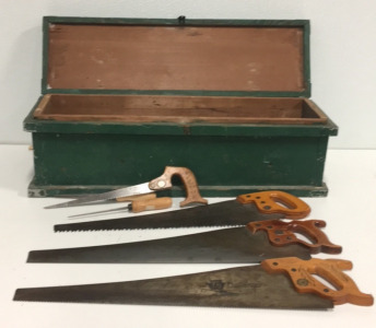Set Of (6) Disston Hand Saws (1) Custom Made Wood Storage Box