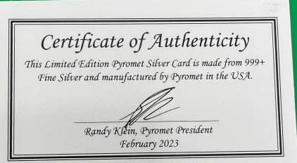 (1) Pyromet Silver Card - 1 Troy Oz, .999 Pure