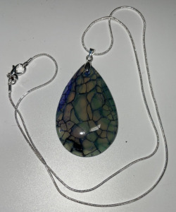 (1) Green, Blue Dragon Veins Teardrop Agate Gemstone .925 Necklace