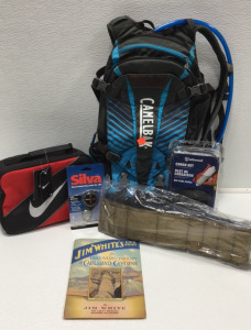 Camelbak Backpack, Nike Lunchbox, Blackhawk Patrol Belt, Cargo Net, Compass, Jim White’s Rock of Ages Book