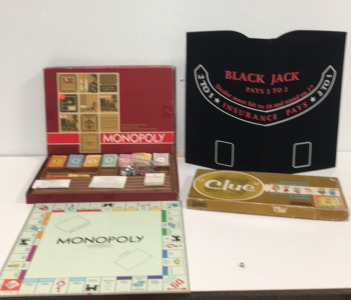 (1) Vintage 1961 Monopoly Board Game (1) Vintage 1963 Clue Board Game (1) Over Table Felt Reversible blackjack And Dice Table