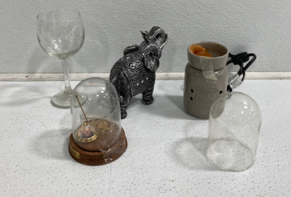 Decorative Elephant, Wax Burner, Wine Glass And More