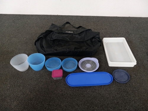 Six Pack Fitness Travel Kit, Fitness Bag And Partial Meal Prep Supplies