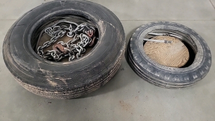 (2) Antique Tires with Cable and Chain
