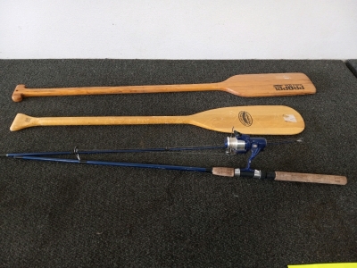 Two Wooden Paddles And Fin-Chaser Fishing Pole