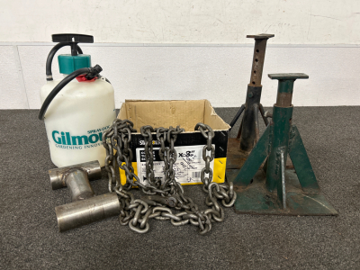 Vintage Jack Stands, Gilmore Weed Sprayer, Towing Chain and More