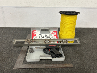 Dual Heat Weller Soldering Gun, Roll of Rope, Stanley Level and Carpenters Square Tool