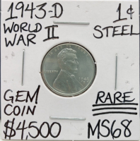 1943-D MS67 WWII Gem Steel Wheat Penny