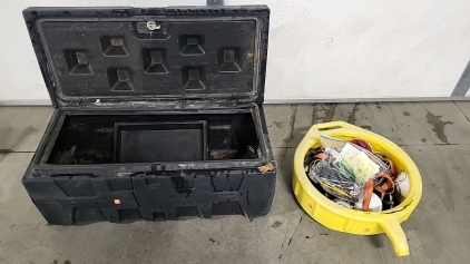 Heavy Duty Locking Storage Box with Keys, Rachet Strap, Oil Drain Pan and More