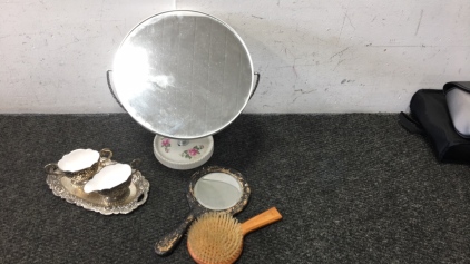 (2) Vintage Mirrors, Prophylactic Brush, Cream and Sugar Serving Dishes And Tray