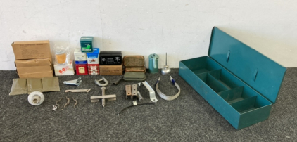 Metal Box With Vintage Tins, Fuel Compressed Trioxane, Vintage US Gov First Aid Packets and Much More