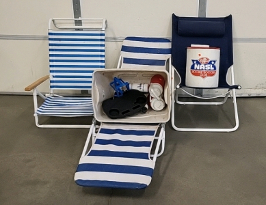 Pool/Beach Chairs, Dr Pepper Cooler, and Assorted Water Bottles