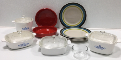 Corning Ware, (4) Plates, (3) Bowls