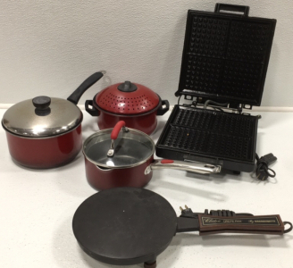 Waffle Maker, Crepe Pan, (3) Pots With Lids