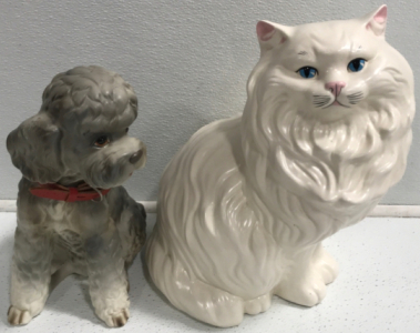 White Cat Statue, Gray Poodle Statue