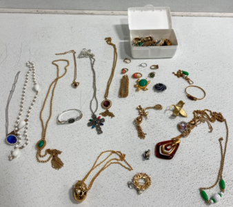 Plastic Tub Full Of Costume Jewelry