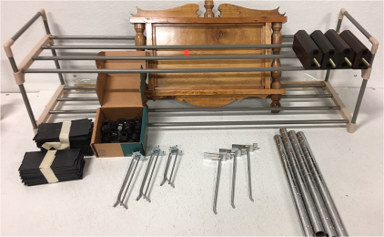 (1)Shoe Rack (various) Metal hanging Stems (various) loose hardware