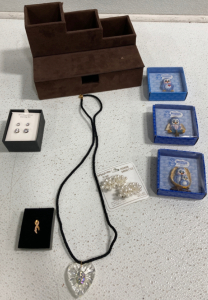Brown Cosmetic Organizer, (3) Penguin Pins, Hair Clips, Necklace, Earring