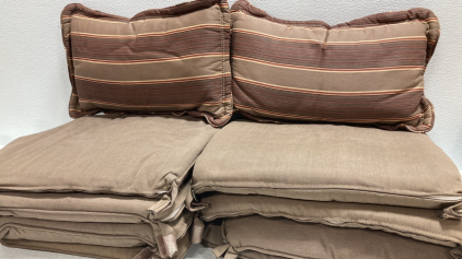 (2) 12x20 Brown and Red Outdoor Throw Pillows, (8) 16x18 Brown Outdoor Seat Cushions