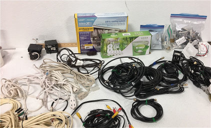 (1)Orbit Arizona Mist Outdoor Mister (various) Monster Speaker Cables (various) Audio Visual Cables (5) Household Extension Cord (11) Cable/Phone Cables (1) Bag of Various Indoor Switches
