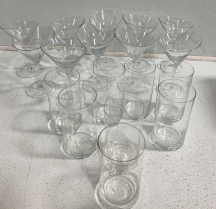 (10) Martini Glasses, (8) Beer Glasses