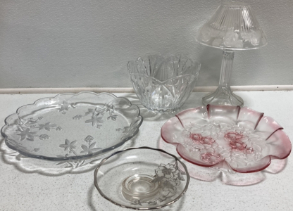 Crystal Candle Stand, Glass Bowl, Glass Tray, Decorative Pink Glass Dish, Glass w/ Silver Edge Dish