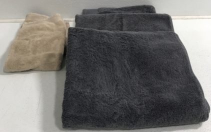 (3) Gray Bath Towels, (2) Tan Hand Towels