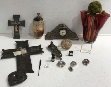 Large Red Vase, Vase With Lid, (2) Decorative Crosses, Clock, Knick Knacks