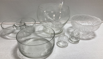 Glass Dishware: Large Punch Bowl, Serving Dish, Decorative Bowls, Cream And Sugar Bowls