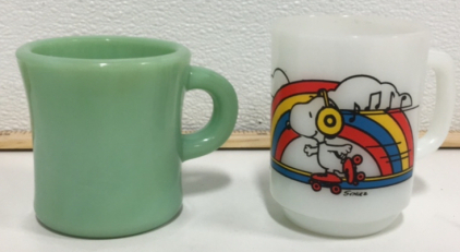 (1) Vintage 1958 Snoopy “The Skater’s Waltz” Mug (1) Vintage TruKing oven ware Mug