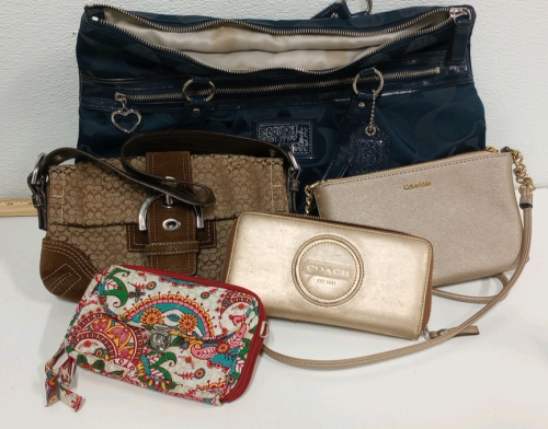 (1) Large Blue Coach Bag (1) Coach Purse (1) Calvin Klein Purse (1) Coach wallet (1) Multicolor Paisley Wallet