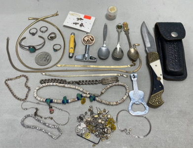 (1) Large Buck Style Knife, (3) Collectible Spoons, (4) Various Necklaces, (8) Various Bracelets, Various Earings +