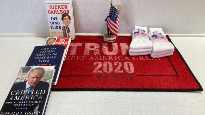 Trump 2020 Welcome Mat and Socks, Trump Bobblehead, (4) Republican Books