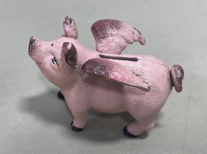 (1) Cast Iron Painted Flying Pig Piggy Bank