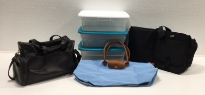 (2) Duffle Bags, Tote Bag, (3) Plastic Tub Containers