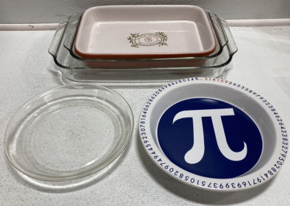 (3) Casserole Bakeware, Glass Pie Dish, Ceramic “Pi” Dish