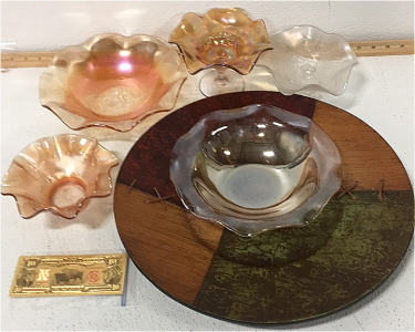 (5) Fenton Glassware (1) Wood Decorative Platter (1) Collectible Goldleaf Ten Dollar Bill