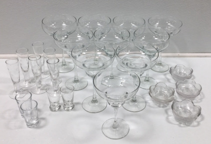 (10) Margarita Glasses, (10) Shot Glasses, (8) Glass Flower Dishes